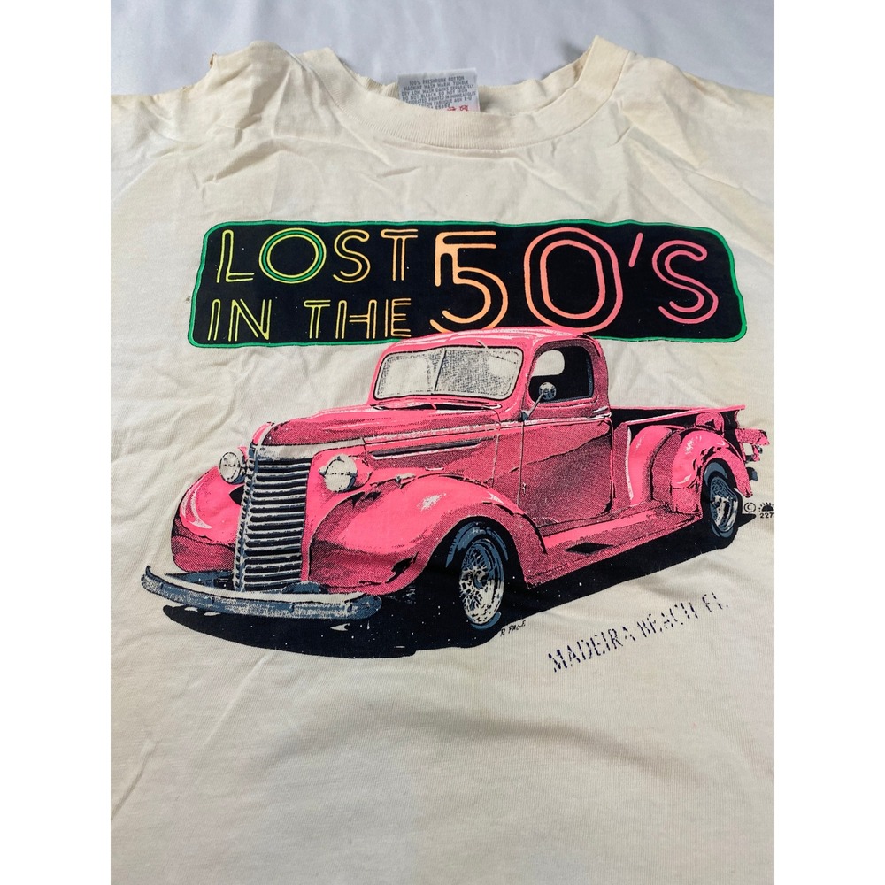 Vintage Lost In The 50s Graphic T-Shirt Mens XL‎ Cream Fair Distressed Retro Car